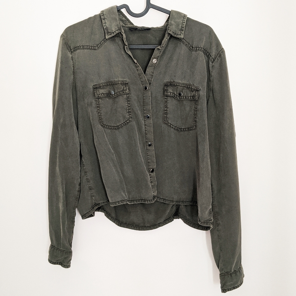 The Kooples Army Green Cropped Button-Up Blouse